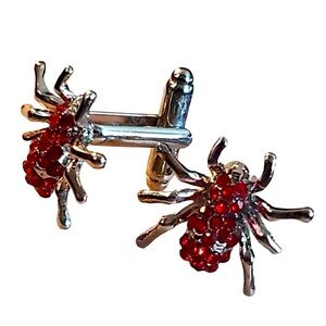 NWT Silver Plated Spider Cufflinks - Bright Red Rhinestones Halloween Gift Goth
